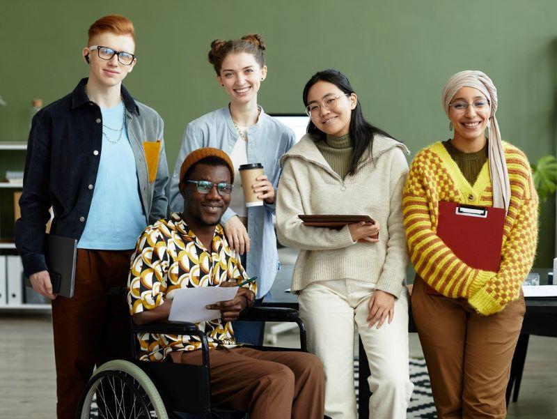 A group of diverse and happy looking students