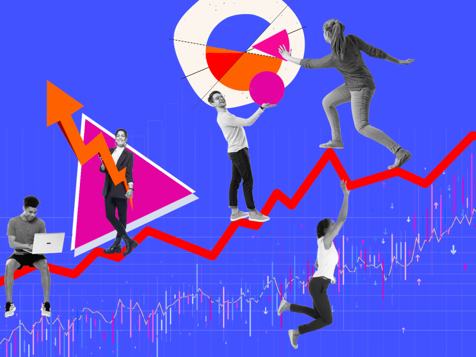 Human figures play with pie charts and line graphs 