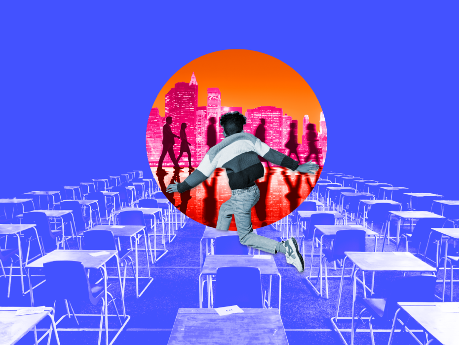 A student leaping from the exam hall into the real world