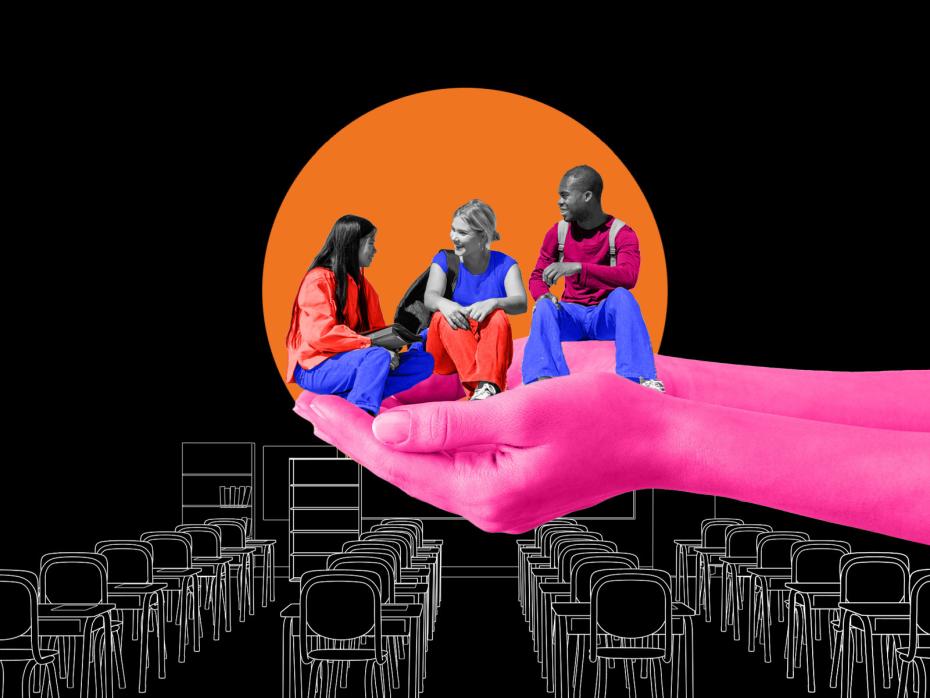 Three students are supported by cupped hands in a classroom