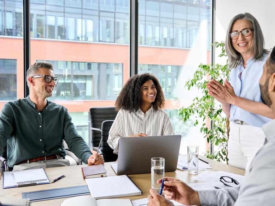 A team of professionals brainstorming in an office