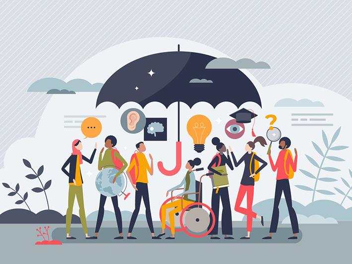 Illustration of group of diverse students under an umbrella
