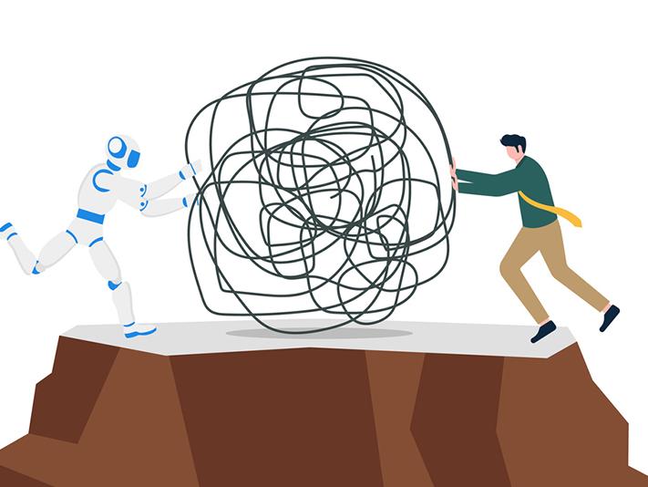 Illustration of robot and man on either side of ball of scribble