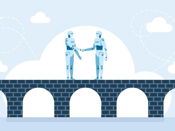 Two robots shake hands on a bridge