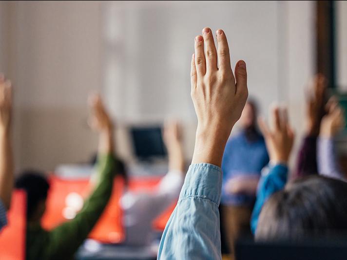 Students raising hands in class