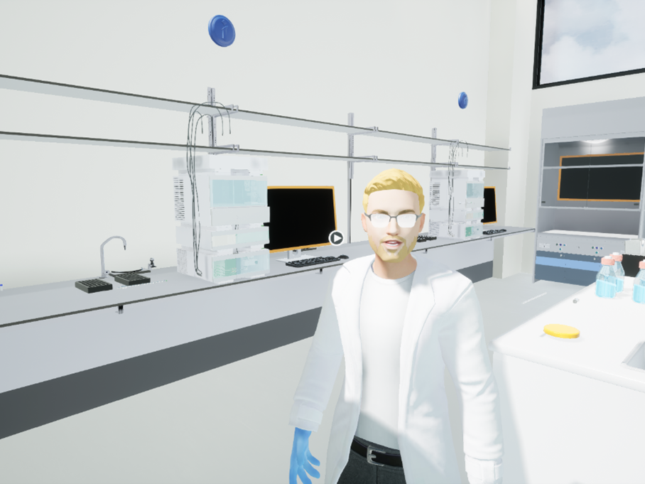 An avatar of a lab technician in a VR lab