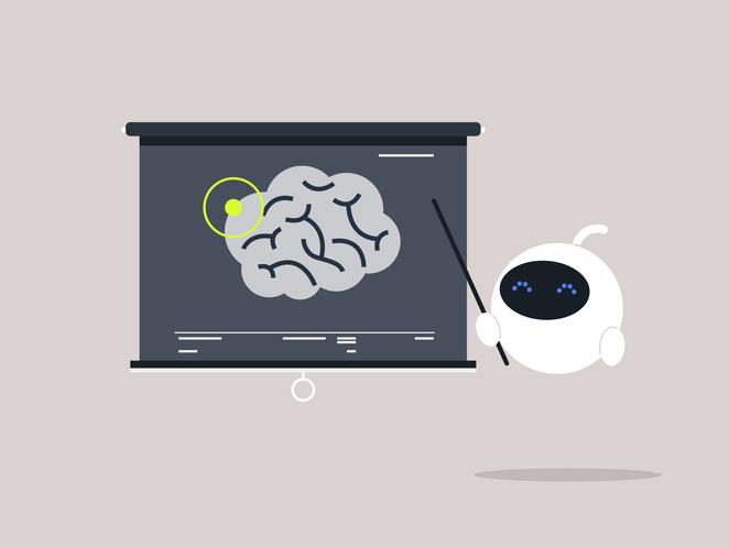 An illustration of a robot teaching a class about the human brain