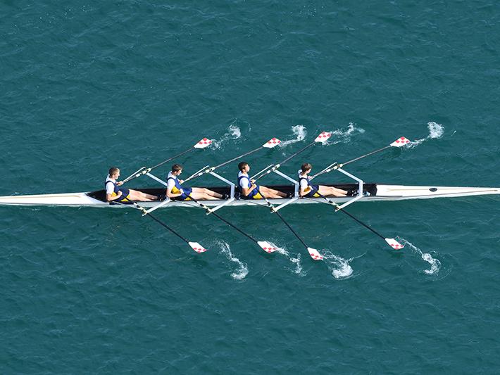 Male rowing team on water