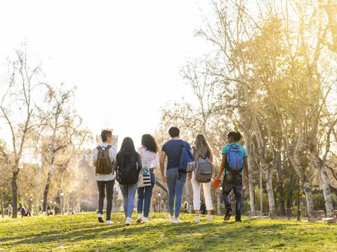 Back view of students walking in autumnal park