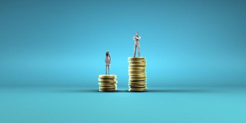 A male and female figure stand atop piles of coins, with the male figure's pile higher