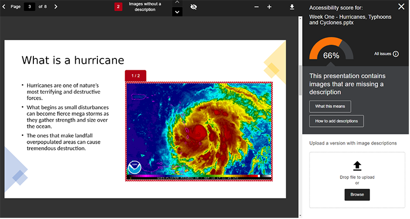 Screen capture of Anthology Ally highlighting the issue of images missing a description with an uploaded file. The file score is 66 percent, indicating significant barriers exist with this file