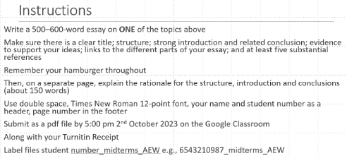 Part of class assignment instructions for academic writing 