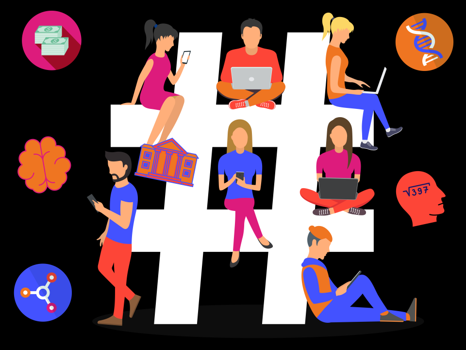 A hashtag with students sitting studying on it