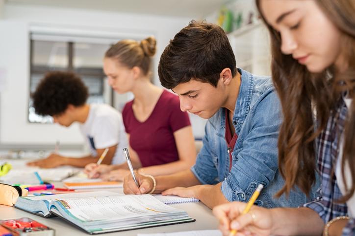 Students work in a classroom