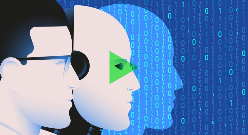 A man, robot and binary code in profile