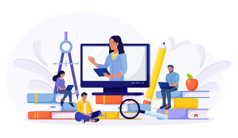An illustration of a teacher talking through a screen to students