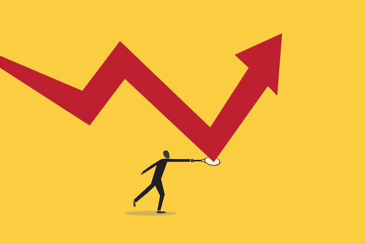 A graph is volleyed upwards by a tennis racquet-wielding figure