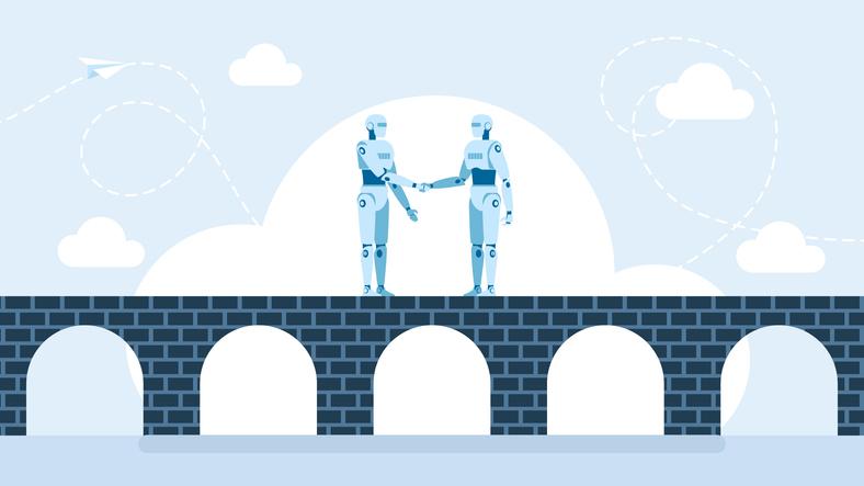 Two robots shake hands on a bridge