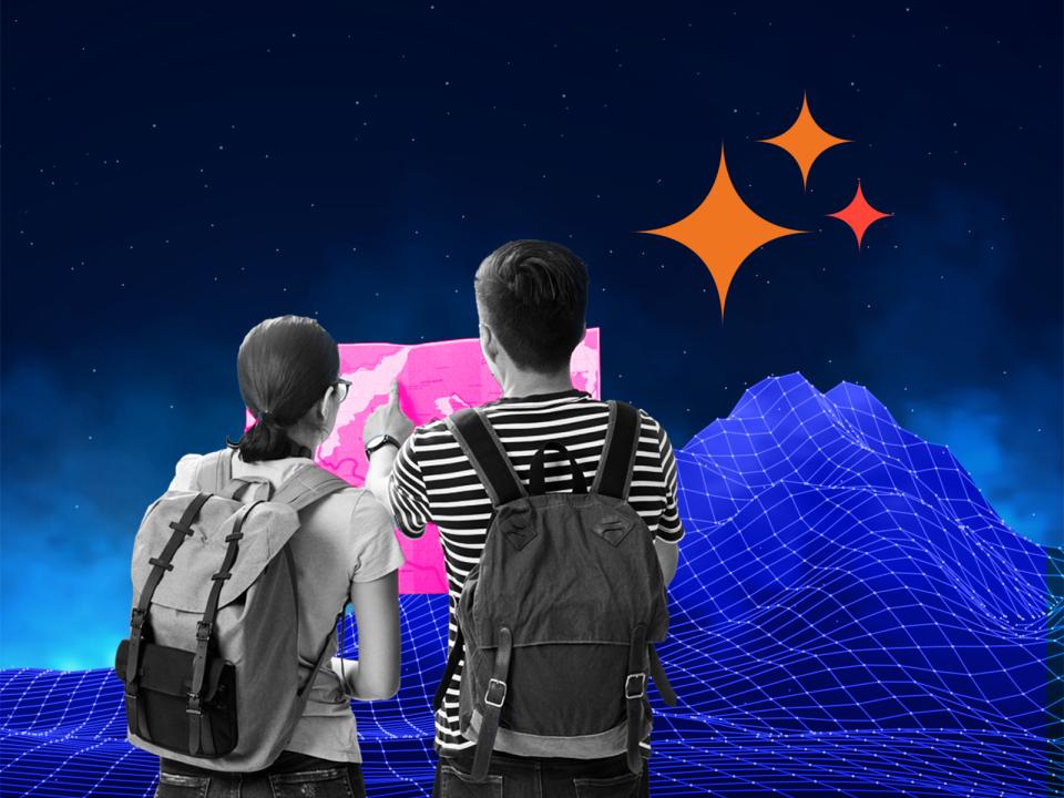 Two students using a map to navigate a digital world