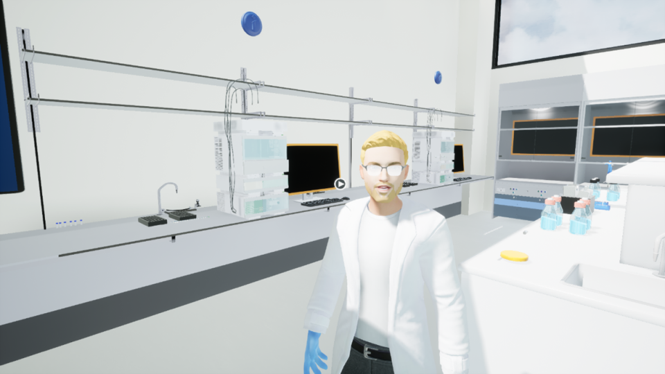An avatar of a lab technician in a VR lab