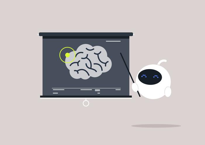 An illustration of a robot teaching a class about the human brain