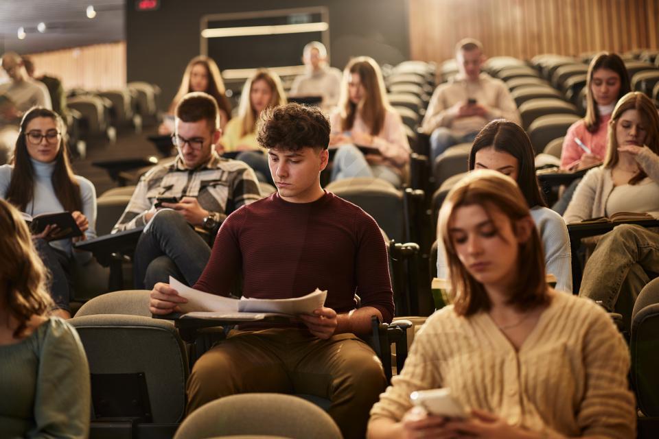 Students in a lecture theatre.