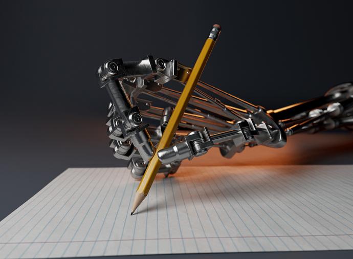 A mechanical robot hand writes on a notepad