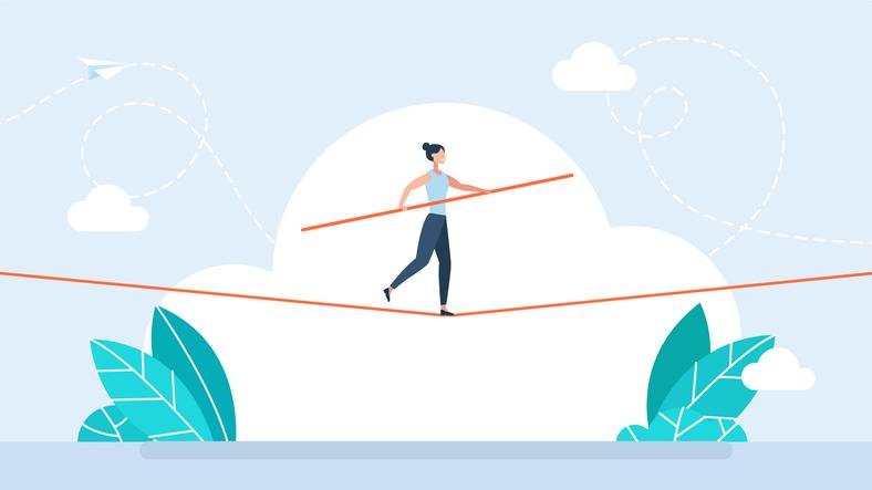 An illustration of a figure balancing on a tightrope