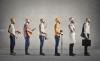 Five figures stand in a line, each wearing an outfit relating to a profession