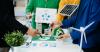 Students work with plants, a model of the Earth and a solar panel around a table