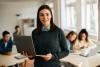 A woman stands in front of a class, holding a laptop