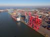 A birds eye view of a shipping port 